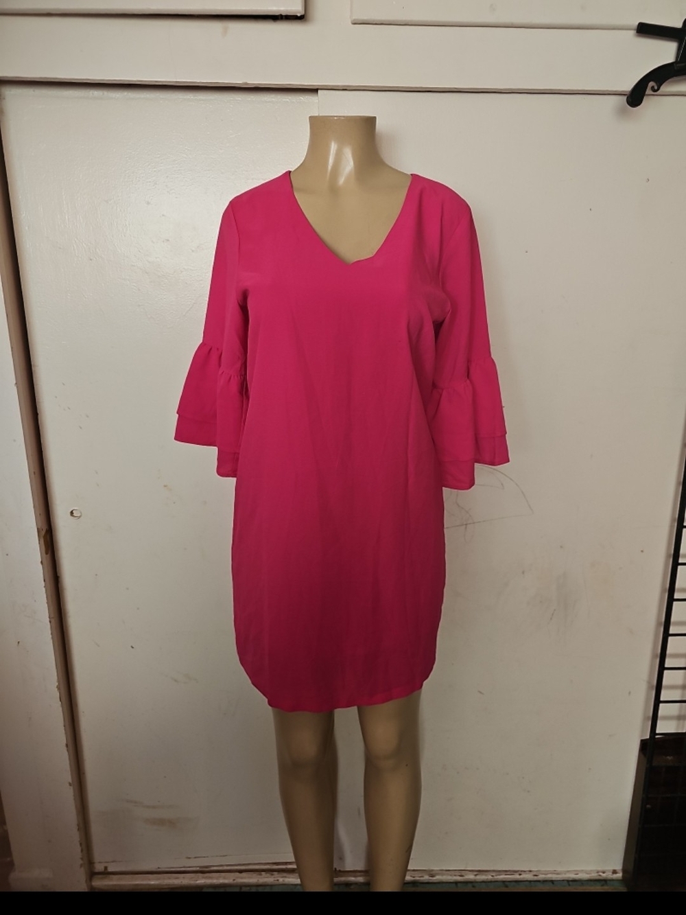 Women’s Fuchsia V‑Neck Midi Dress with Ruffle Sleeves